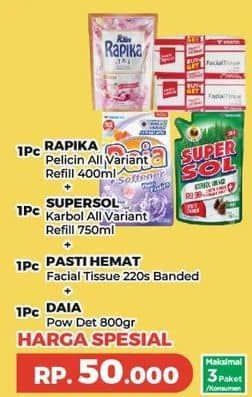 Rapika Pelicin Pakaian + Supersol Karbol + Pasti Hemat Tissue + Daia Detergent