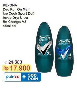 Promo Harga Rexona Men Deo Roll On Ice Cool, Sport Defence, Invisible Dry, Ultra Recharge, V8 45 ml - Indomaret