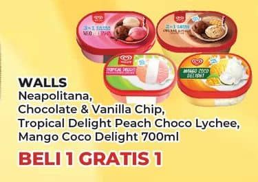 Promo Harga Walls Ice Cream Neopolitana, Chocolate Vanilla With Chocolate Chip, Tropical Delight, Mango Coco Delight 700 ml - Yogya
