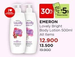 Emeron Lovely White Hand & Body Lotion 500 ml Diskon 32%, Harga Promo Rp13.500, Harga Normal Rp19.900, Member Rp12.900, +Diskon 5% Khusus Member, Khusus Member