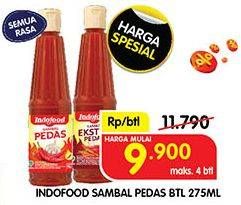 Promo Harga Indofood Sambal Ekstra Pedas, Pedas, Pedas Dahsyat 275 ml - Superindo