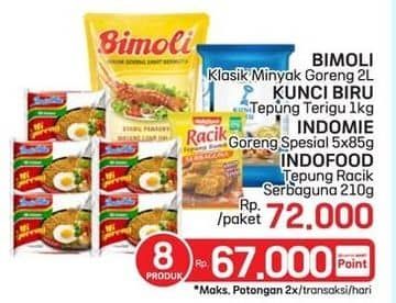 Promo Harga Bimoli Minyak Goreng + Kunci Biru Tepung Terigu + Indomie Mie Goreng + Racik Tepung Bumbu  - LotteMart