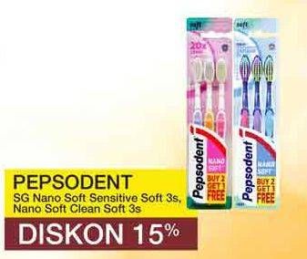 Promo Harga Pepsodent Sikat Gigi Nano Soft Sensitive, Soft Clean 3 pcs - Yogya