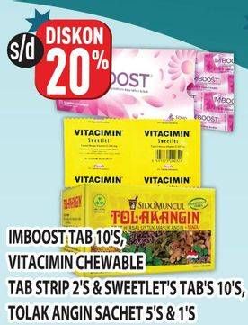 Promo Harga IMBOOST Multivitamin Tablet/VITACIMIN Vitamin C - 500mg Sweetlets (Tablet Hisap)/SIDO MUNCUL Jamu Tolak Angin Cair + Madu   - Hypermart