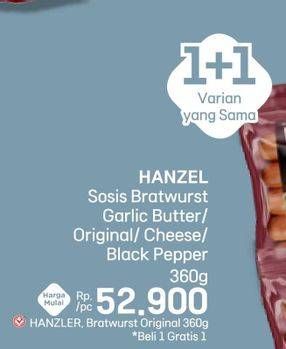 Promo Harga Hanzel Bratwurst Garlic Butter, Original, Cheese, Blackpepper 360 gr - LotteMart