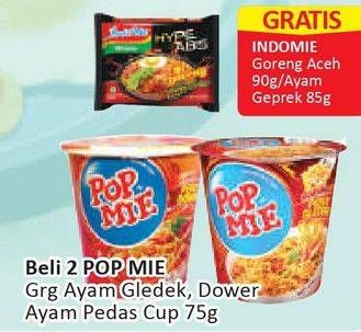Promo Harga INDOMIE POP MIE Instan Goreng Pedes Gledeek Ayam, Kuah Pedes Dower Ayam per 2 pcs 75 gr - Alfamart