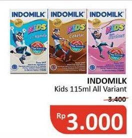 Promo Harga INDOMILK Susu UHT Kids Cokelat, Stroberi, Vanila 115 ml - Alfamidi