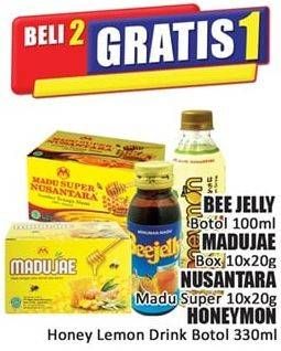 Promo Harga BEE JELLY Botol 100 mL/ MADUJAE 10x20 g/ NUSANTARA Madu Super 10x20 g/ HONEYMON Honey Lemon Drink 330 mL  - Hari Hari