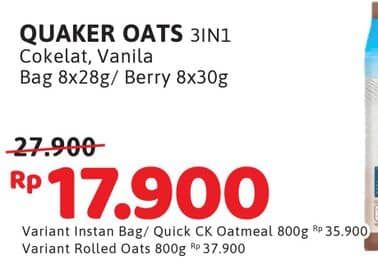 Promo Harga Quaker Oatmeal 3in1 Cokelat, 3in1 Vanilla, 3 In 1 Berry Burst per 8 pcs 28 gr - Alfamidi