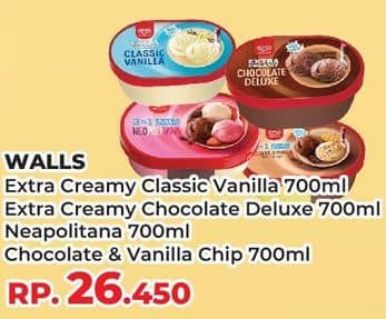 Promo Harga Walls Ice Cream Classic Vanilla, Chocolate Deluxe, Neopolitana, Chocolate Vanilla With Chocolate Chip 700 ml - Yogya