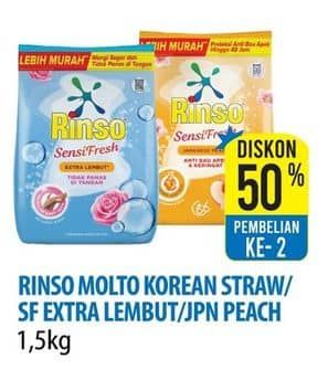 Promo Harga Rinso Anti Noda Deterjen Bubuk + Molto Korean Strawberry, Sensi Fresh Extra Lembut, + Molto Japanese Peach 1200 gr - Hypermart