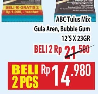 Promo Harga ABC Tulus Mix Gula Aren, Bubble Gum per 12 pcs 23 gr - Hypermart