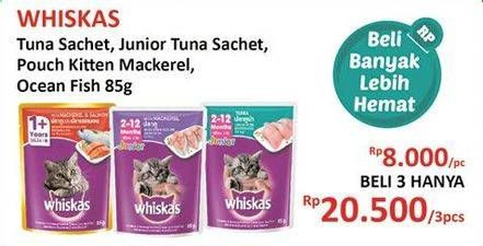 Promo Harga WHISKAS Makanan Kucing Tuna, Junior Tuna, Kitten Mackerel, Ocean Fish per 3 pouch 85 gr - Alfamidi