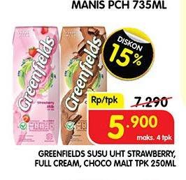 Promo Harga Greenfields UHT Strawberry, Full Cream, Choco Malt 250 ml - Superindo