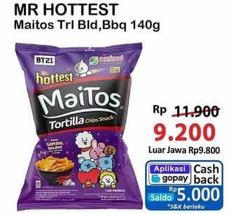 Promo Harga Mr Hottest Maitos Tortilla Chips BBQ Fiesta, Sambal Balado 140 gr - Alfamart