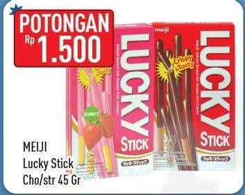 Promo Harga MEIJI Biskuit Lucky Stick Chocolate, Strawberry 45 gr - Hypermart
