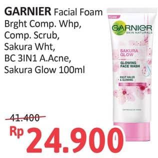 Promo Harga Garnier Facial Cleanser Bright Complete Face Wash, Bright Complete Face Scrub, Sakura Glow Face Wash, Pure Active Anti-Acne White Foam, Sakura Glow Hyaluron Whip Foam 100 ml - Alfamidi