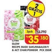 Promo Harga CITRA Glow Recipe Juicy Sheet Mask Sakura + Aloe Vera, Activated Charcoal + Pomegranate per 3 sachet 25 gr - Superindo
