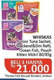 Promo Harga WHISKAS Makanan Kucing Junior Tuna, Mackerel Salmon, Ocean Fish, Kitten Mackerel 85 gr - Alfamidi