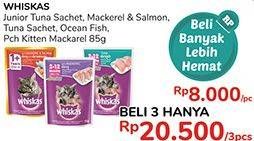 Promo Harga WHISKAS Makanan Kucing Junior Tuna, Mackerel Salmon, Tuna, Ocean Fish, Kitten Mackerel per 3 pouch 85 gr - Alfamidi