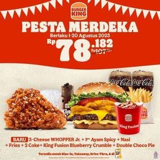 Promo Harga Burger King 3-CHEESE WHOPPER + Spicy Chicken + Nasi + 2 Coke + King Fusion Blueberry Crumble + Double Choco Pie  - Burger King