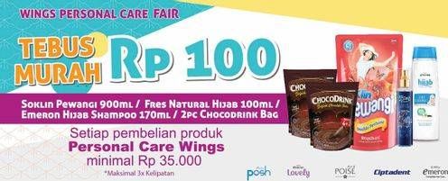Promo Harga SO KLIN Pewangi 900ml / FRES & NATURAL Hijab Refresh 100ml / EMERON Shampoo Hijab 170ml / CHOCO DRINK 2pcs  - LotteMart