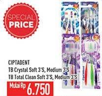 Promo Harga CIPTADENT Sikat Gigi Crystal Clean Soft, Crystal Clean Medium, Total Clean, Diamond Clean Medium 3 pcs - Hypermart