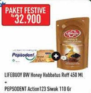 Promo Harga LIFEBUOU Body Wash Honey Habbatus + PEPSODENT Action 123 Siwak  - Hypermart