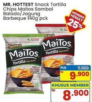 Promo Harga Mr Hottest Maitos Tortilla Chips Sambal Balado, Jagung BBQ 140 gr - Indomaret
