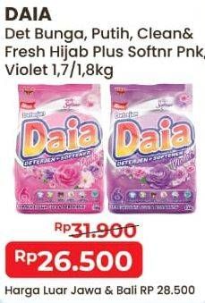 Promo Harga DAIA Deterjen Bubuk Bunga, Putih, Clean Fresh Hijab, + Softener Pink, + Softener Violet 1800 gr - Alfamart