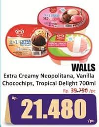 Promo Harga Walls Ice Cream Neopolitana, Chocolate Vanilla With Chocolate Chip, Tropical Delight 700 ml - Hari Hari