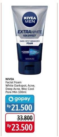 Promo Harga NIVEA MEN Facial Foam Extra White Dark Spot, Acne Oil Control, Oil Control Men Cooling 100 ml - Alfamidi