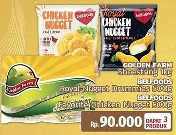 Promo Harga GOLDEN FARM Shoestring 1kg, BELFOODS Royal Nugget Drummies 500g, BELFOODS Favorite Chicken Nugget 500g  - LotteMart