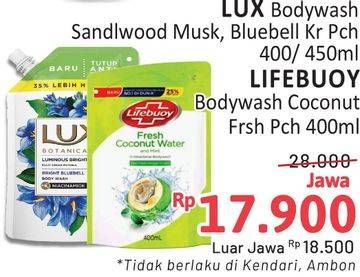 Lux Bodywash Sandlwood Musk, Bluebell Kr Pch 400/450ml, Lifebuoy Bodywash Coconut Frsh Pch 400ml