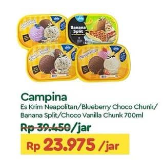 Promo Harga Campina Ice Cream Neapolitan, Blueberry Choco Chunk, Banana Split, Chocolate Vanilla Choco Chunk 700 ml - TIP TOP