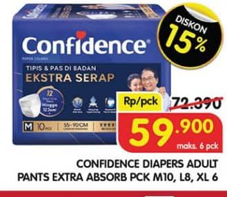 Promo Harga Confidence Adult Pants Slim & Fit Extra Absorb M10, L8, XL6 6 pcs - Superindo