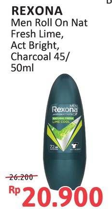 Promo Harga Rexona Men Deo Roll On Natural Fresh Lime Cool, Charcoal Fresh, Activ-White 45 ml - Alfamidi