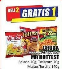 Promo Harga CHUBA Cassava Chips 60 g/ MR HOTTEST Balado 70 g, Twiscorn 70 g, Maitos Tortila Chips 140 g  - Hari Hari