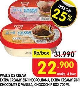 Promo Harga WALLS Ice Cream Neopolitana, Chocolate Vanilla With Chocolate Chip 700 ml - Superindo