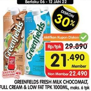 Promo Harga GREENFIELDS Fresh Milk Choco Malt, Full Cream, Low Fat 1000 ml - Superindo