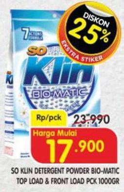 Promo Harga SO KLIN Biomatic Powder Detergent Top Load, Front Load 1000 gr - Superindo