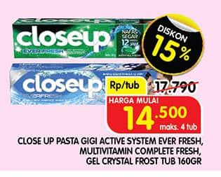 Promo Harga Close Up Pasta Gigi Everfresh Menthol Fresh, Complete Fresh Protec, Everfresh Icy White Winter Blast 160 gr - Superindo