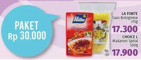 Promo Harga LA FONTE Saus Pasta Bolognese 315gr + CHOICE L Makaroni Spiral  - LotteMart