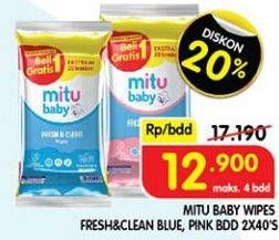 Promo Harga Mitu Baby Wipes Fresh & Clean Blue Blossom Berry, Pink Blooming Cherry per 2 pouch 40 pcs - Superindo
