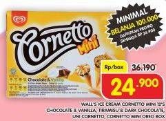 Promo Harga Walls Cornetto Mini Chocolate Vanilla, Tiramisu Dark Chocolate, Unicorn, Oreo per 12 pcs 28 ml - Superindo