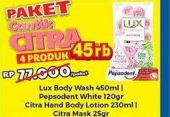 Promo Harga LUX Body Wash 450ml/PEPSODENT Toothpaste White 120gr/CITRA Hand Body Lotion 230ml/CITRA Mask 25gr  - Hypermart