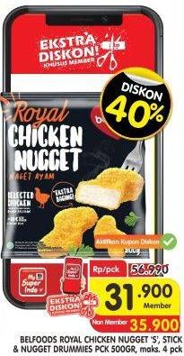 Promo Harga BELFOODS Royal Nugget Chicken Nugget S, Chicken Nugget Stick, Chicken Nugget Drummies 500 gr - Superindo