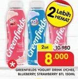 Promo Harga GREENFIELDS Yogurt Drink Lychee, Blueberry, Strawberry per 2 botol 150 ml - Superindo