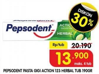 Promo Harga PEPSODENT Pasta Gigi Action 123 Herbal 190 gr - Superindo