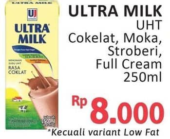 Promo Harga Ultra Milk Susu UHT Kecuali Low Fat Coklat, Kecuali Low Fat Full Cream 250 ml - Alfamidi